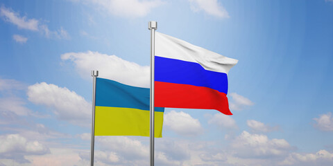 Ukraine and Russia two flags on flagpoles and blue sky