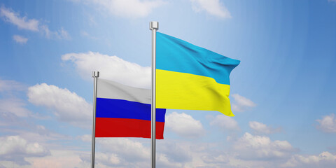 Ukraine and Russia two flags on flagpoles and blue sky