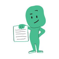 Cute smiling eco character is happy.Vector illustration with a flat cartoon face. Isolated on a white background. the green cute character holds a sheet of text in his hand