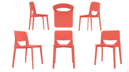 red plastic chair on white background, top view, side, 3d rendering