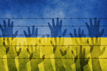 Immigration, refugees from Ukraine, asylem seekers, immigrants. silhouette of arms behind a barbed...