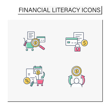 Financial literacy color icons set. Tracking spending, fixed expenses, spending plan, financial aspirations. Business concept. Isolated vector illustrations