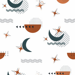 seamless pattern of geometric shapes (circle, line, star, moon, dot). abstract element: in the style of a single line. wallpaper from Memphis, minimalism. for print, banner, paper. vector art