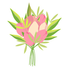 Fototapeta na wymiar Delicate bright bouquet of tulips in a flat style. Vector illustration. Gift for March 8, mother's day. Bouquet for girls, women.