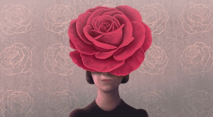 Surreal Concept art of nature and people. Woman with red rose flower head . Conceptual 3d illustration. oil painting. - obrazy, fototapety, plakaty