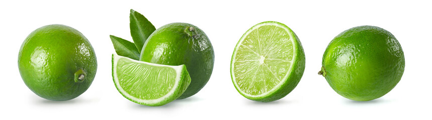 Whole and sliced limes isolated on white background. Fresh limes collection.