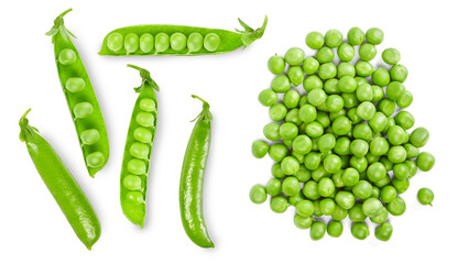 Green peas isolated on white. Pea seeds and pods cut out. 