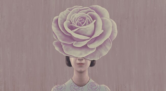 Surreal Concept art of nature and people. Woman with white rose flower head . Conceptual 3d illustration. oil painting.