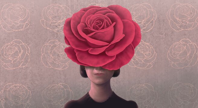 Surreal Concept art of nature and people. Woman with red rose flower head . Conceptual 3d illustration. oil painting.