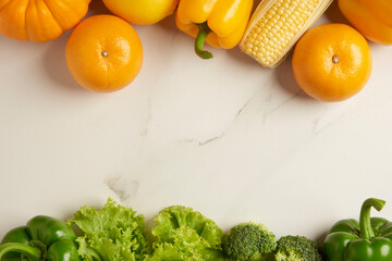 vegetable concept the contrast colors of orange and green vegetable divided into two lines on the white background