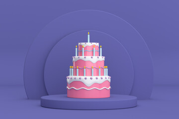 Birthday Cartoon Dessert Tiered Cake and Candles over Violet Very Peri Cylinders Products Stage Pedestal. 3d Rendering