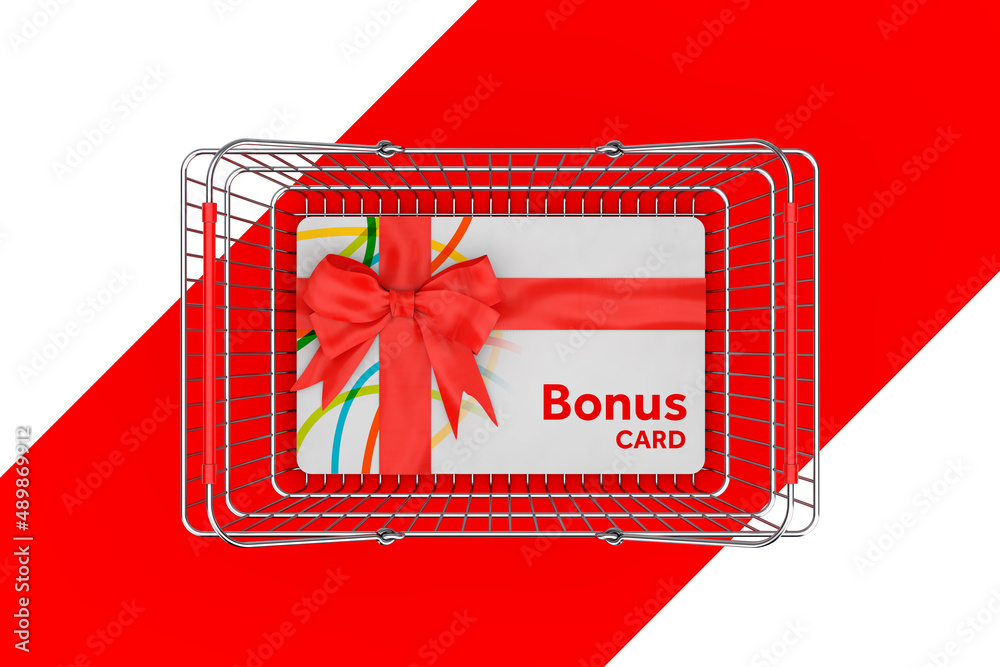 Aufkleber Bonus Card with Red Ribbon in Shopping Basket. 3d Rendering