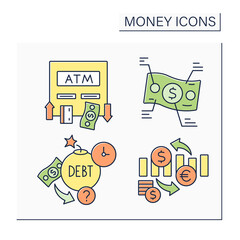 Money color icons set. Automated teller machine, bills, debt, exchange rate. Business concept. Isolated vector illustrations