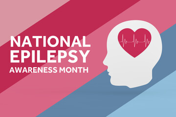 National Epilepsy Awareness Month Concept. Head and Heart with Encephalogram and Epilepsy Day Sign. 3d Rendering