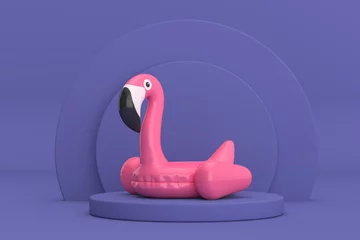 Photo sur Plexiglas Pantone 2022 very peri Summer Swimming Pool Inflantable Rubber Pink Flamingo Toy over Violet Very Peri Cylinders Products Stage Pedestal. 3d Rendering