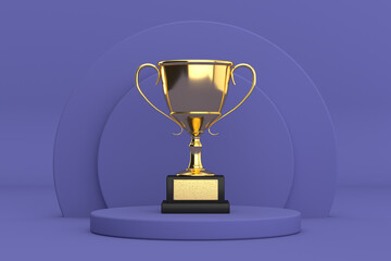 Golden Award Trophy Cup over Violet Very Peri Cylinders Products Stage Pedestal. 3d Rendering