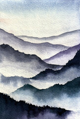 Blue ink landscape painting with ink dots, blue mountains ink. Watercolor illustrations. - 489870580