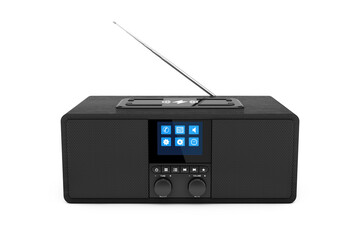 Obraz premium Black Portable Smart Wireless Speaker for Music. Smart device for Online Audio with Radio and Smartphone Wireless Charger. 3d Rendering