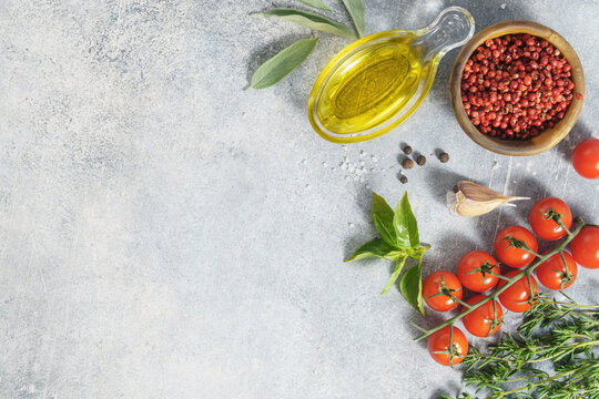 Cooking ingredients background with oil, sage, spice and savory