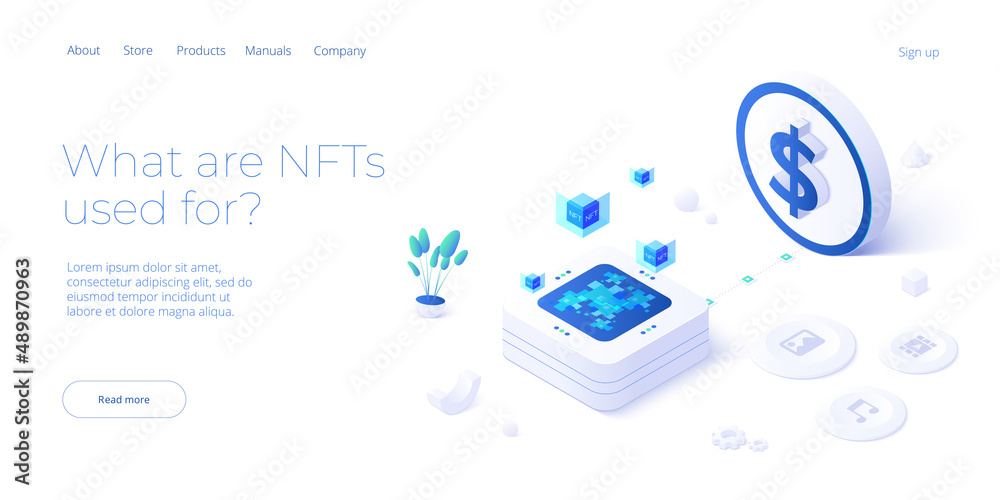 Wall mural nft abstract concept illustration in isometric design. non-fungible token blockchain or marketplace.