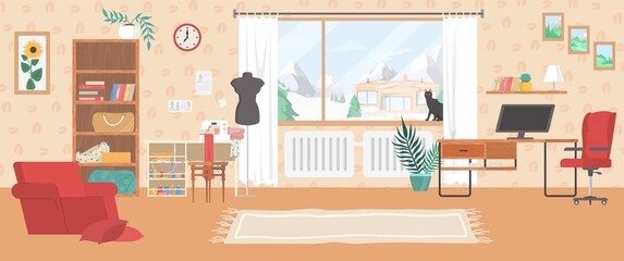 Living room interior, flat vector illustration. No people apartment, home workplace with desk, computer, sewing machine.