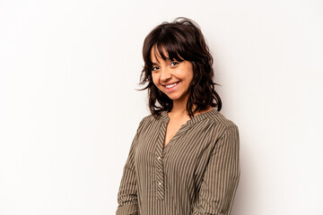 Young hispanic woman isolated on white background confident keeping hands on hips.