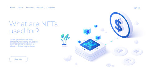 NFT abstract concept illustration in isometric design. Non-fungible token blockchain or marketplace. Cryptographic technology web banner layout.