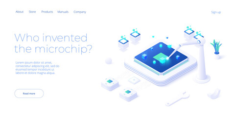 Microchip concept illustration in isometric vector design. Semiconductor or computer processor chip production. CPU hardware technology web banner layout. - obrazy, fototapety, plakaty