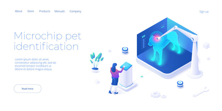 Pet microchip concept illustration in isometric vector design. Dog or animal tracking chip identification. Id implant scan technology web banner layout.