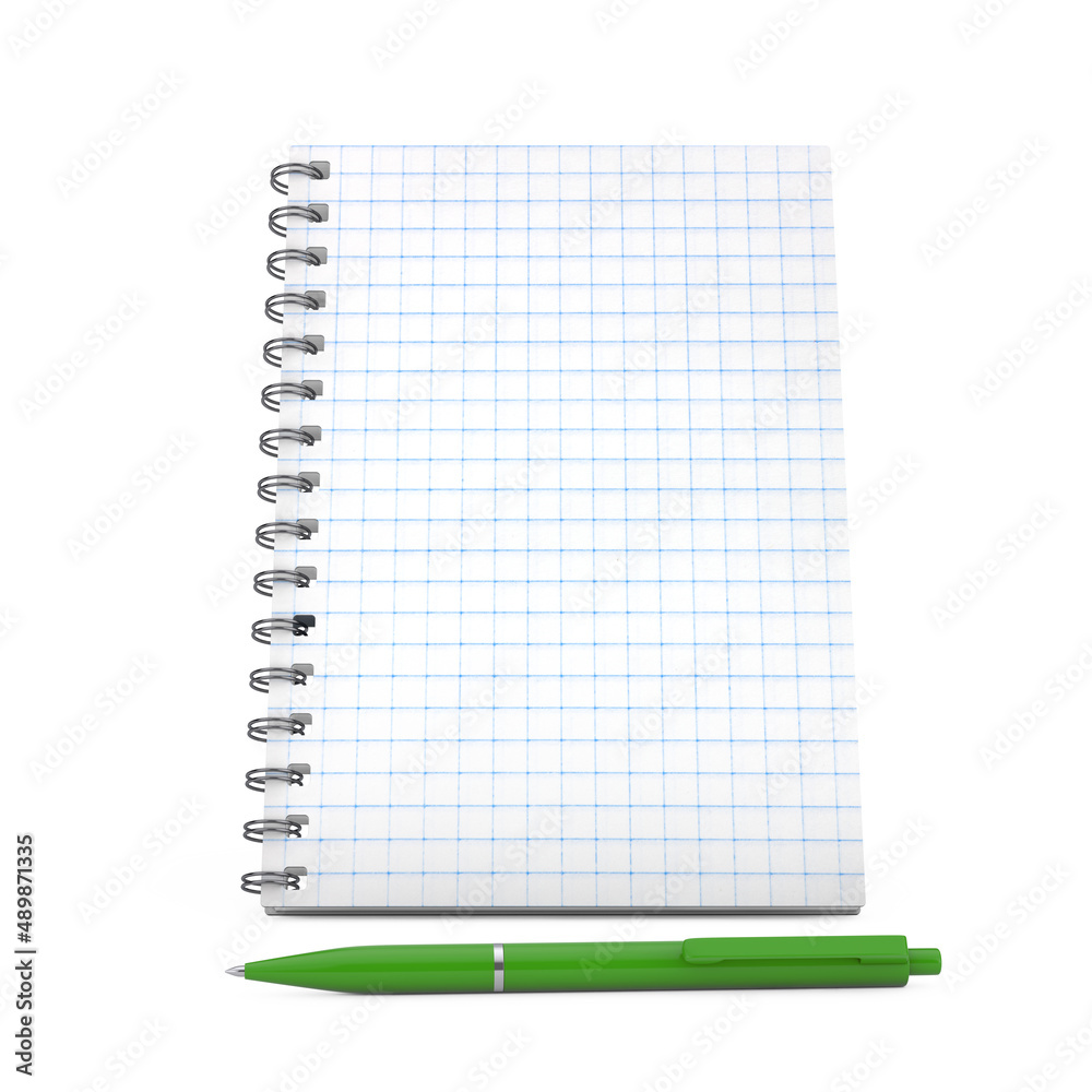 Aufkleber Notepad with Blank Squared Paper Sheet and Green Pen. 3d Rendering