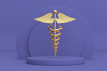 Golden Medical Caduceus Symbol over Violet Very Peri Cylinders Products Stage Pedestal. 3d Rendering