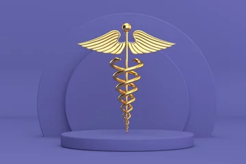 Crédence de cuisine en verre imprimé Pantone 2022 very peri Golden Medical Caduceus Symbol over Violet Very Peri Cylinders Products Stage Pedestal. 3d Rendering