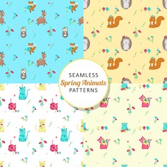 Spring seamless pattern set. Spring childish background wallpaper with cute animals, flowers, birds, vector illustration