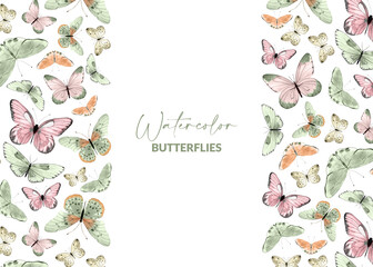 Fototapeta na wymiar Greeting card template with watercolor illustrated butterflies