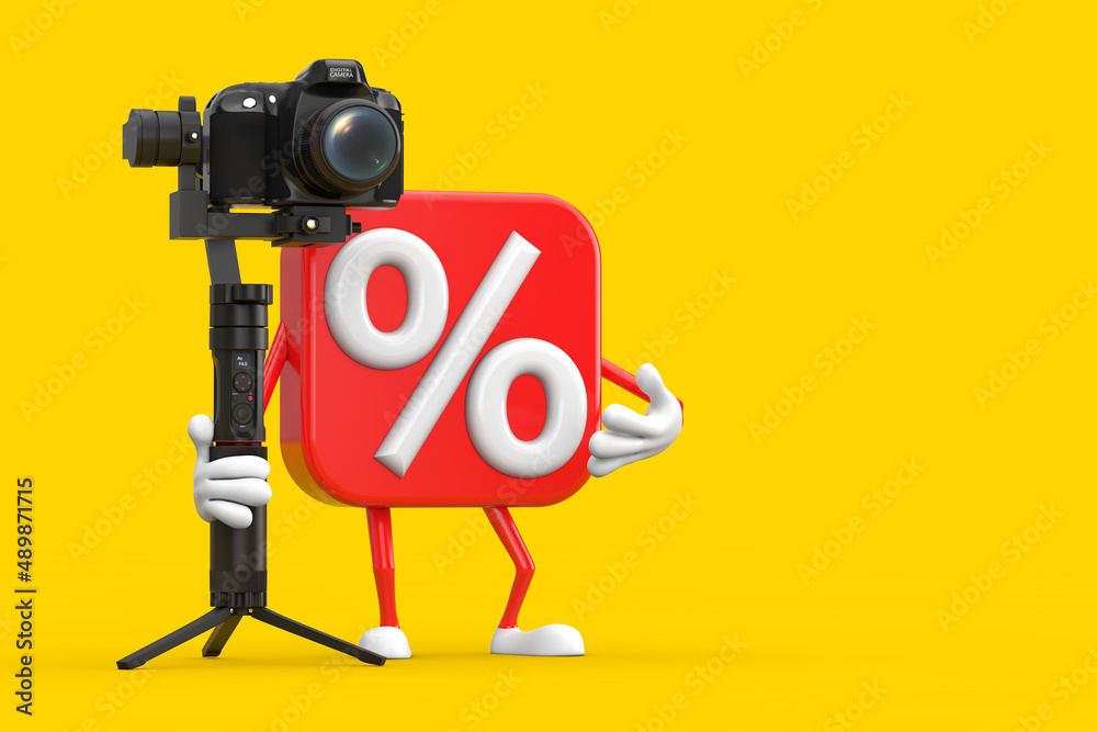 Poster Sale or Discount Percent Sign Person Character Mascot with DSLR or Video Camera Gimbal Stabilization Tripod System. 3d Rendering