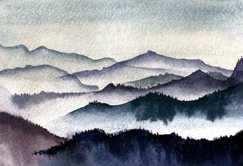 Blue ink landscape painting with ink dots, blue mountains ink. Watercolor illustrations. - 489871789