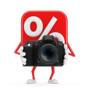 Sale or Discount Percent Sign Person Character Mascot with Modern Digital Photo Camera. 3d Rendering