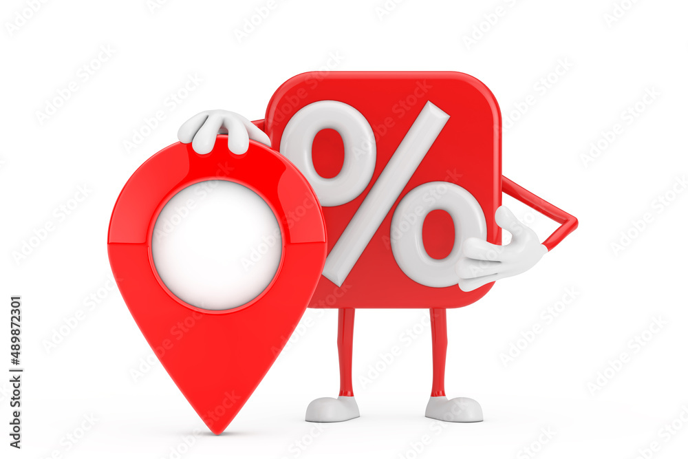 Leinwandbilder sale or discount percent sign person character mascot with red map pointer target pin. 3d rendering
