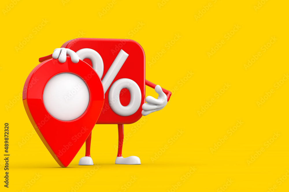 Fototapete sale or discount percent sign person character mascot with red map pointer target pin. 3d rendering