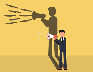 Speak without thinking and slander.  Businessman holding a megaphone standing and shouting