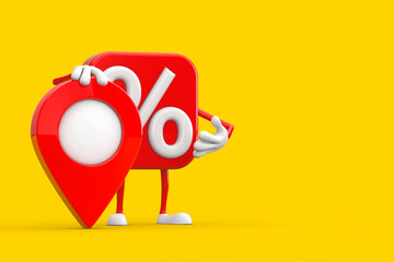 Sale or Discount Percent Sign Person Character Mascot with Red Map Pointer Target Pin. 3d Rendering