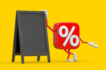 Sale or Discount Percent Sign Person Character Mascot with Blank Wooden Menu Blackboards Outdoor Display. 3d Rendering
