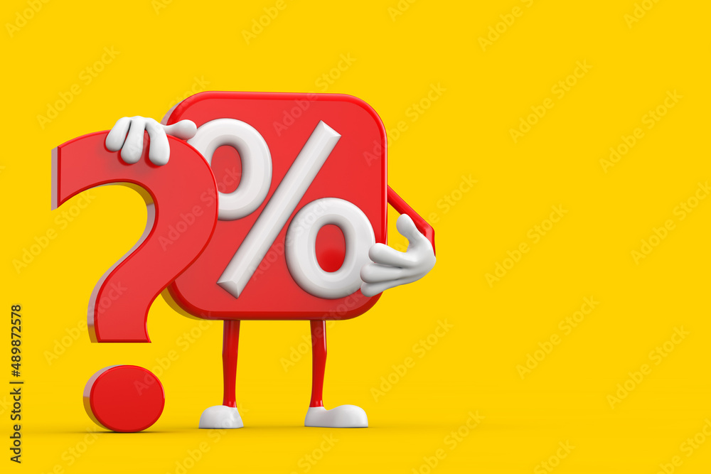 Poster sale or discount percent sign person character mascot with red question mark sign. 3d rendering