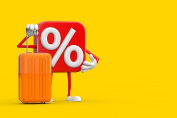 Sale or Discount Percent Sign Person Character Mascot with Orange Travel Suitcase. 3d Rendering