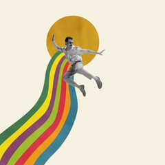 Contemporary art collage. Stylish man in sunglasses jumping over rainbow background