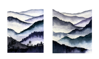 Blue ink landscape painting with ink dots, blue mountains ink. Watercolor illustrations.