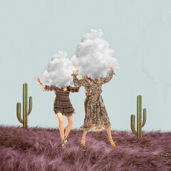 Contemporary art collage. Two women in stylish dresses with cloud head walking on desert