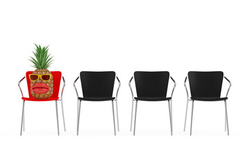 Fun Cartoon Fashion Hipster Cut Pineapple with Yellow Sunglasses and Big Red Lips on a Red Chair in Row of Office Chairs. 3d Rendering