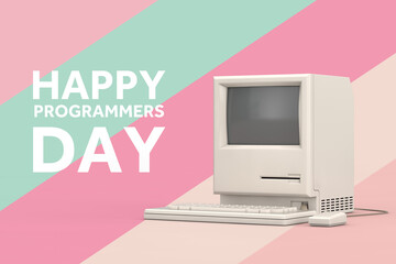 Happy Programmers Day Concept. Retro Personal Computer with Programmers Day Sign. 3d Rendering