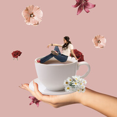 Contemporary art collage. Young stylish woman sitting on coffee cup isolated over pink background with flowers